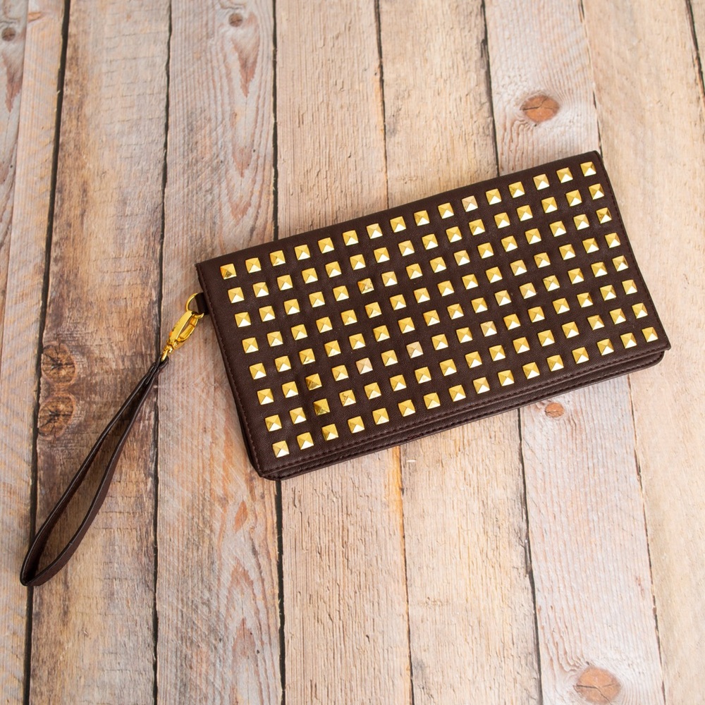 NWOT Brown Clutch with Gold Studs